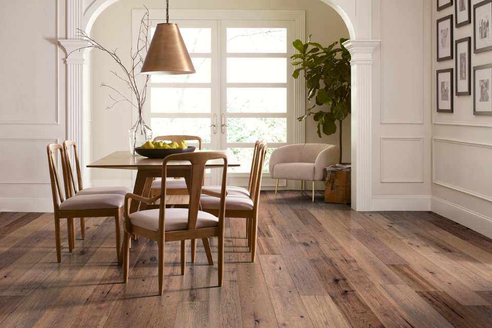 dark toned engineered hardwood in dining room of contemporary home